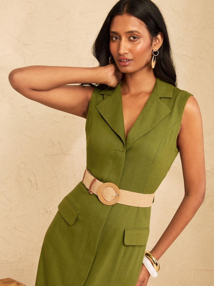 Love & Roses Khaki Green Tailored Linen Look Sleevless Midi Dress With Belt - Image 2 of 4