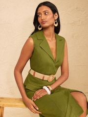 Love & Roses Khaki Green Tailored Linen Look Sleevless Midi Dress With Belt - Image 4 of 4
