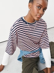 Pink/Blue Stripe Boxy Elbow Sleeve Crew Neck T-Shirt - Image 1 of 6