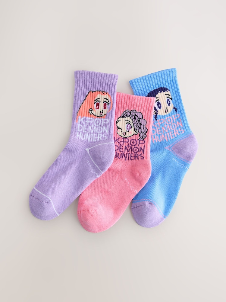 Pink, Purple and Blue Cotton Rich KPOP Demon Hunters Ribbed Ankle Socks 3 Pack - Image 1 of 3