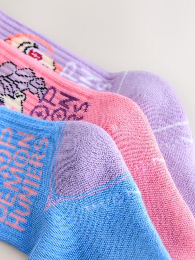 Pink, Purple and Blue Cotton Rich KPOP Demon Hunters Ribbed Ankle Socks 3 Pack - Image 2 of 3