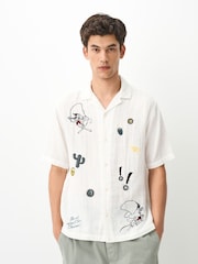Ecru White Looney Tunes Print Revere Collar Short Sleeve Shirt - Image 1 of 10