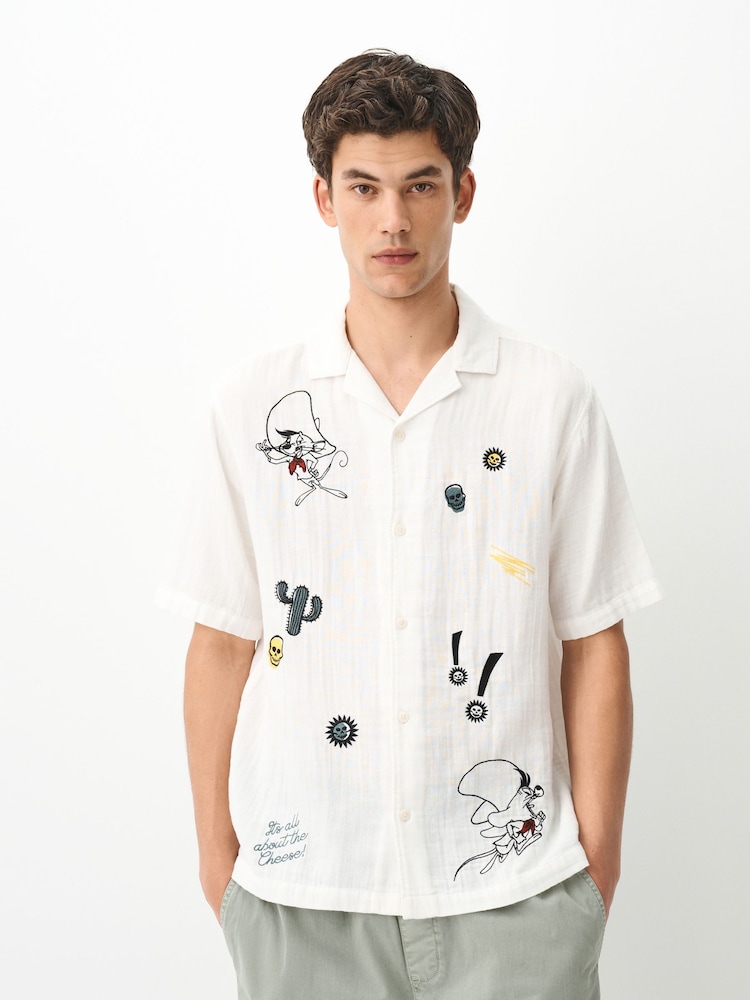 Ecru White Looney Tunes Print Revere Collar Short Sleeve Shirt - Image 1 of 10