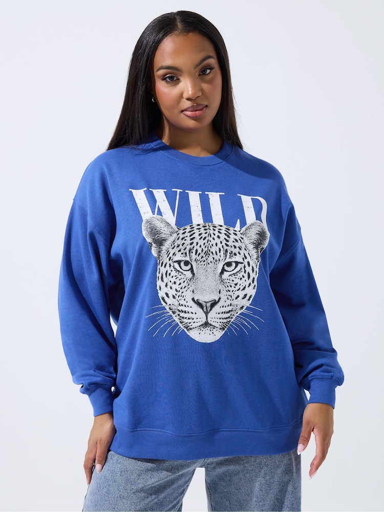 Yours Curve Blue Limited Wild Sweat Top - Image 1 of 2 Yours Curve Blue Limited Wild Sweat Top - Image 1 of 2