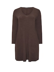 Yours Curve Brown Short Flare Wide Ribbed Dress - Image 5 of 5