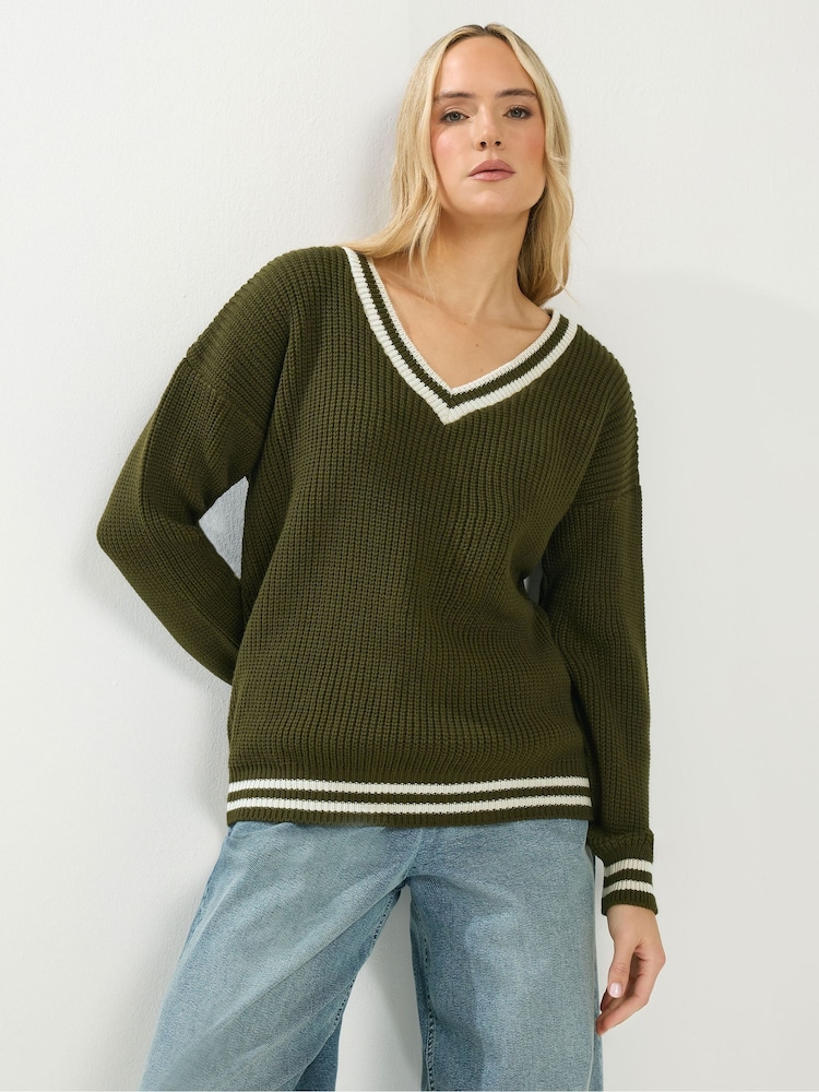 Long Tall Sally Green V-Neck Stripe Jumper - Image 1 of 5 Long Tall Sally Green V-Neck Stripe Jumper - Image 1 of 5