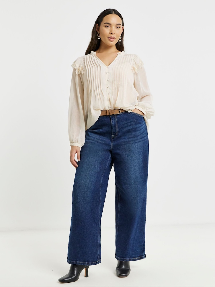 Simply Be Natural Lace Trim Colarless Blouse - Image 1 of 4 Simply Be Natural Lace Trim Colarless Blouse - Image 1 of 4