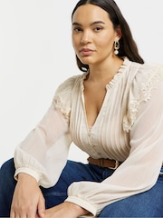 Simply Be Natural Lace Trim Colarless Blouse - Image 3 of 4