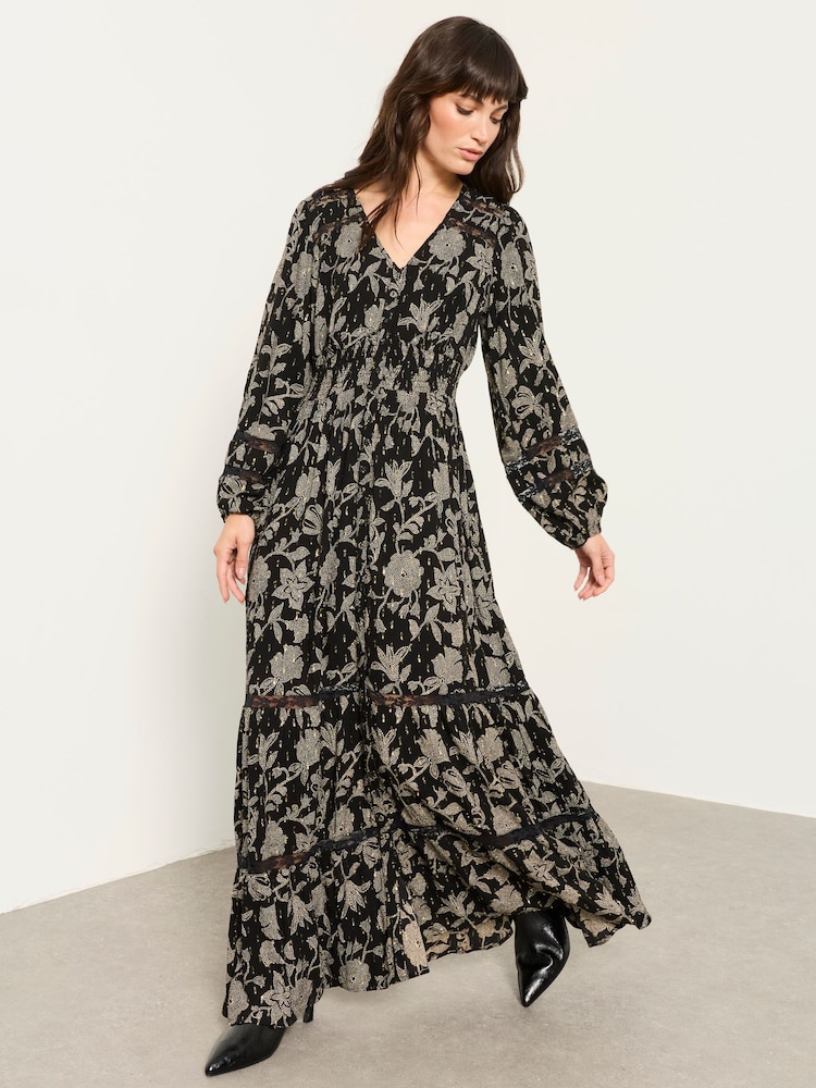 FatFace Eden Black Dot Floral Jacquard Maxi Dress - Image 1 of 5