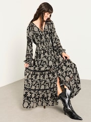 FatFace Eden Black Dot Floral Jacquard Maxi Dress - Image 3 of 5