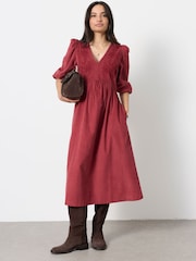 FatFace Connie Rust Red Embroidered Cord Midi Dress - Image 1 of 5