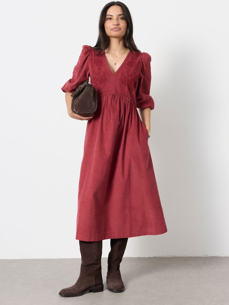 FatFace Connie Rust Red Embroidered Cord Midi Dress - Image 1 of 5 FatFace Connie Rust Red Embroidered Cord Midi Dress - Image 1 of 5