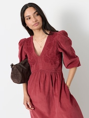 FatFace Connie Rust Red Embroidered Cord Midi Dress - Image 3 of 5
