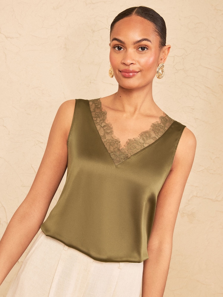 Love & Roses Khaki Green Satin Front Lace Trim V-Neck Vest - Image 1 of 4