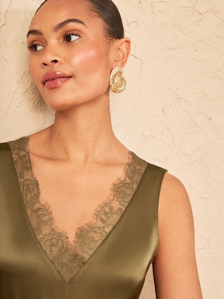 Love & Roses Khaki Green Satin Front Lace Trim V-Neck Vest - Image 2 of 4