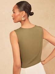 Love & Roses Khaki Green Satin Front Lace Trim V-Neck Vest - Image 4 of 4