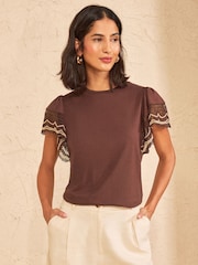 Love & Roses Chocolate Brown Crochet Fluuter Sleeve Jersey T-Shirt - Image 1 of 4