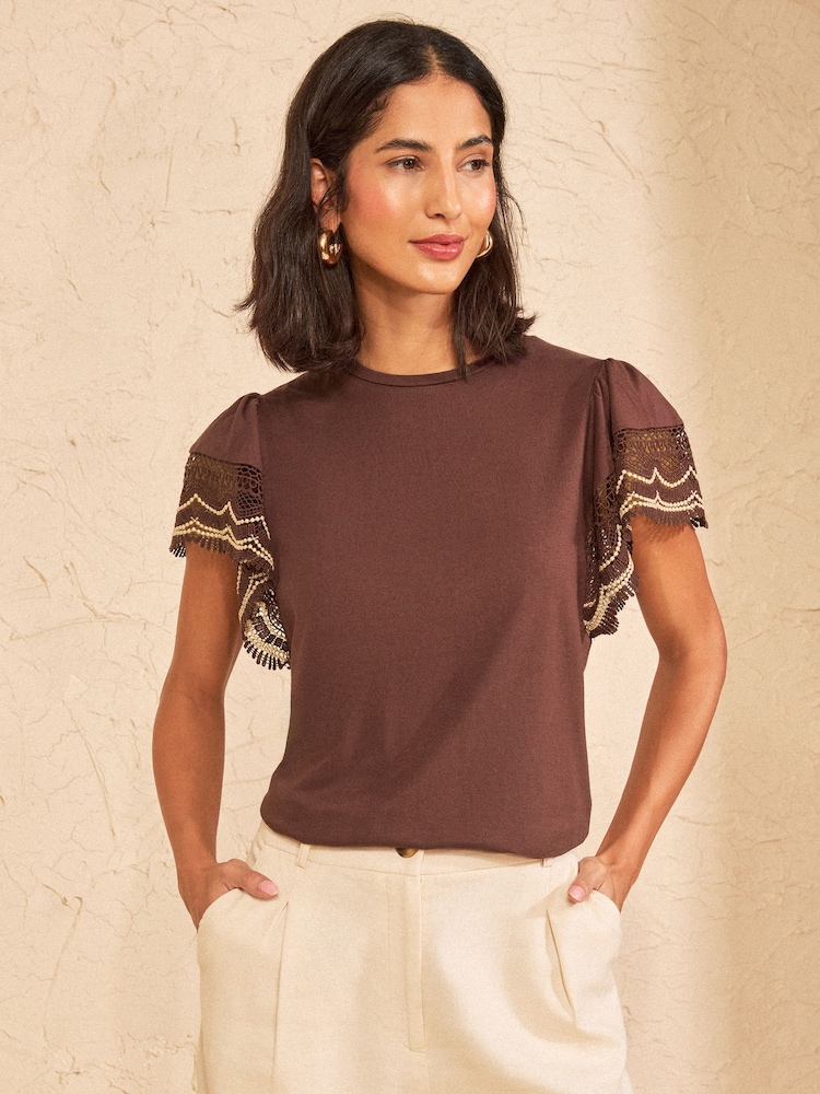 Love & Roses Chocolate Brown Crochet Fluuter Sleeve Jersey T-Shirt - Image 1 of 4