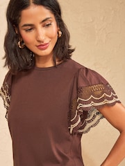 Love & Roses Chocolate Brown Crochet Fluuter Sleeve Jersey T-Shirt - Image 2 of 4