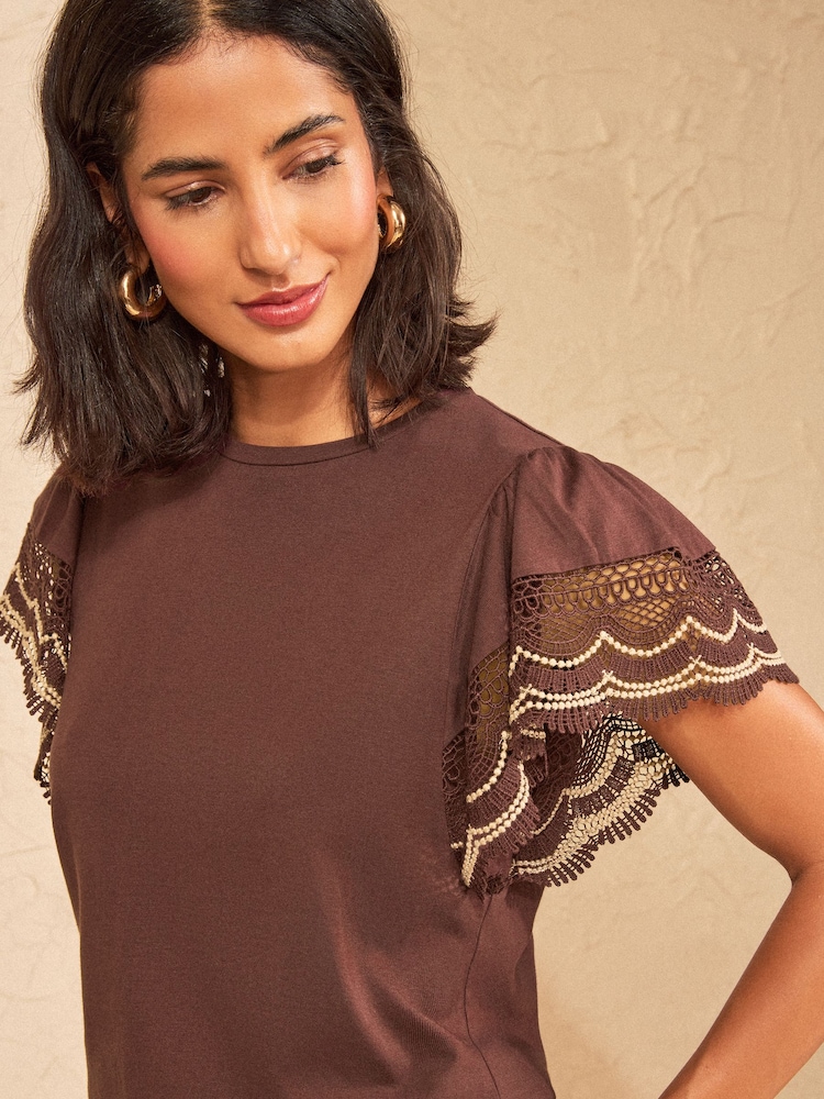 Love & Roses Chocolate Brown Crochet Fluuter Sleeve Jersey T-Shirt - Image 2 of 4