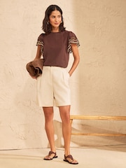 Love & Roses Chocolate Brown Crochet Fluuter Sleeve Jersey T-Shirt - Image 3 of 4