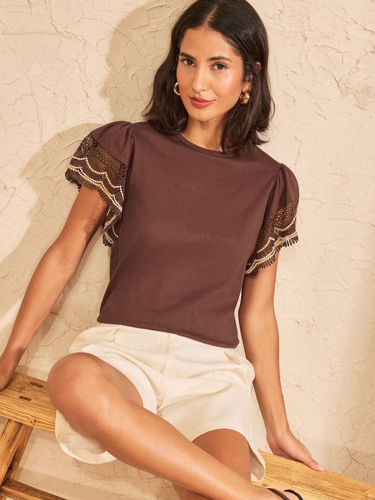 Love & Roses Chocolate Brown Crochet Fluuter Sleeve Jersey T-Shirt - Image 4 of 4