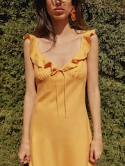 BHOEM Orange Linen Blend Frill Detail Straps Midi Dress - Image 4 of 5