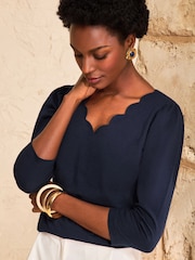 Love & Roses Navy Blue 3/4 Sleeve Scallop V-Neck Jersey Top - Image 1 of 4