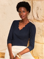 Love & Roses Navy Blue 3/4 Sleeve Scallop V-Neck Jersey Top - Image 2 of 4