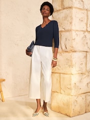 Love & Roses Navy Blue 3/4 Sleeve Scallop V-Neck Jersey Top - Image 3 of 4