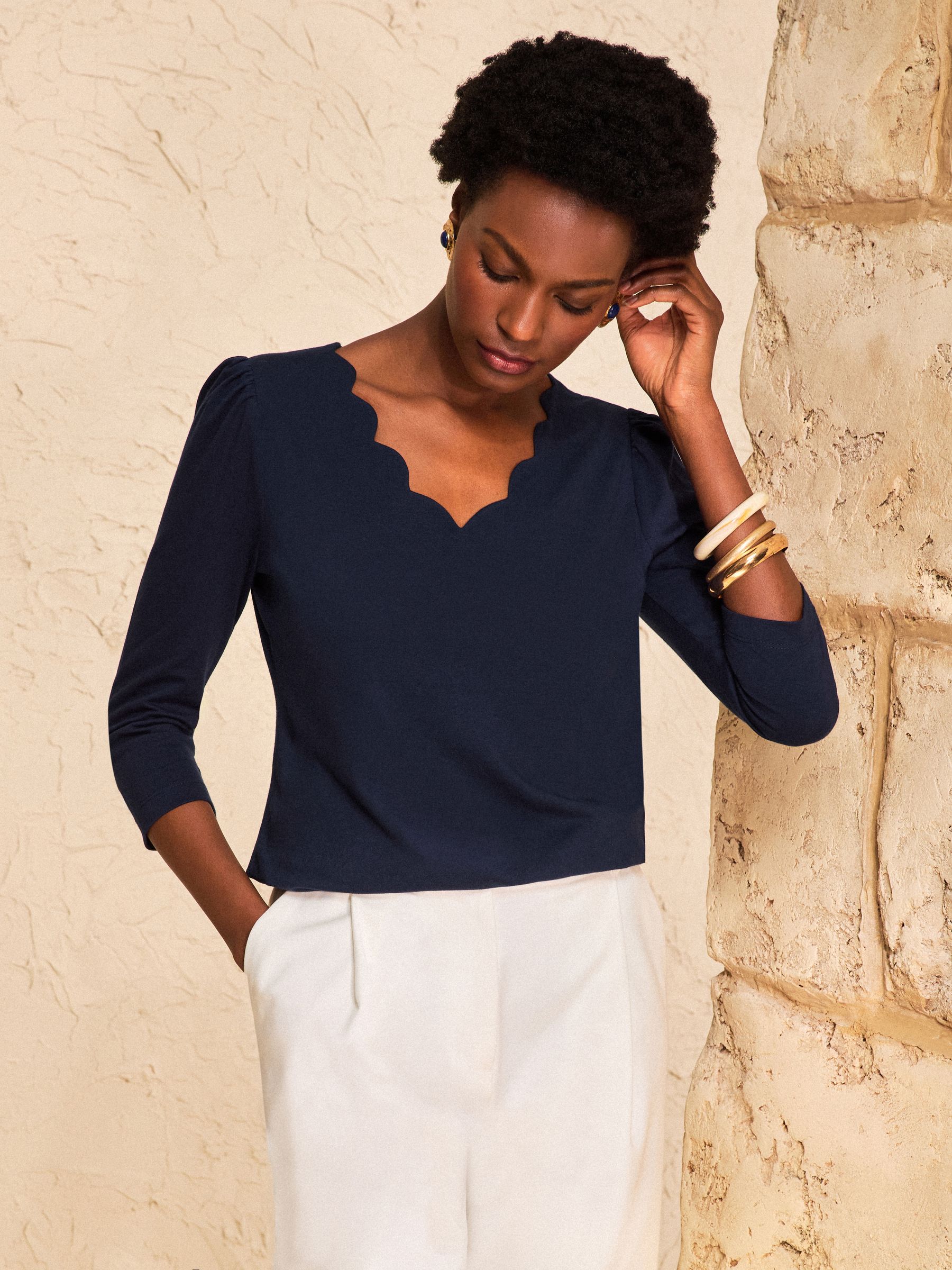 Buy Love & Roses Navy Blue 3/4 Sleeve Scallop V-Neck Jersey Top