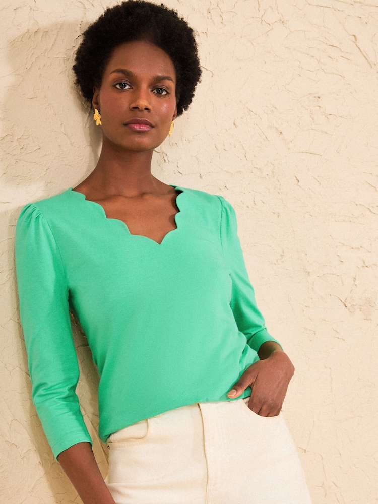 Love & Roses Bright Green 3/4 Sleeve Scallop V-Neck Jersey Top - Image 1 of 4
