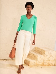 Love & Roses Bright Green 3/4 Sleeve Scallop V-Neck Jersey Top - Image 3 of 4