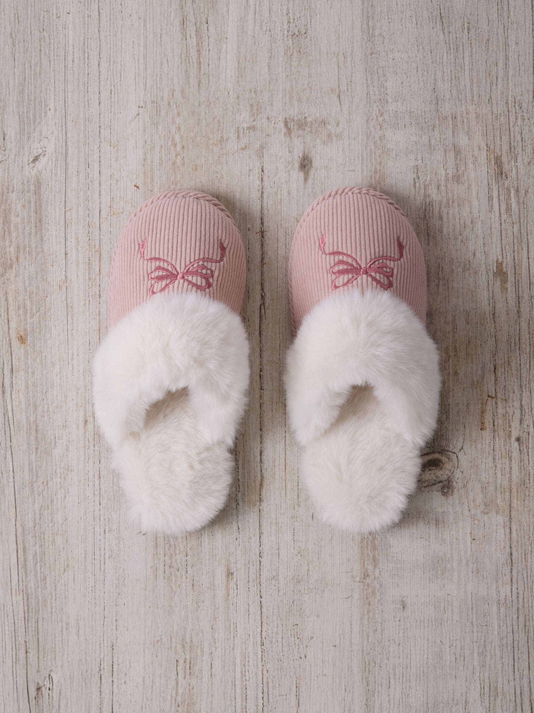 Chelsea Peers Pink Corduroy Embroidered Ribbon Bow Mule Slippers