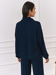 Chelsea Peers Blue Ribbed Knit High Neck Sweatshirt - Image 5 of 7