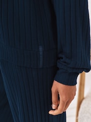 Chelsea Peers Blue Ribbed Knit High Neck Sweatshirt - Image 6 of 7