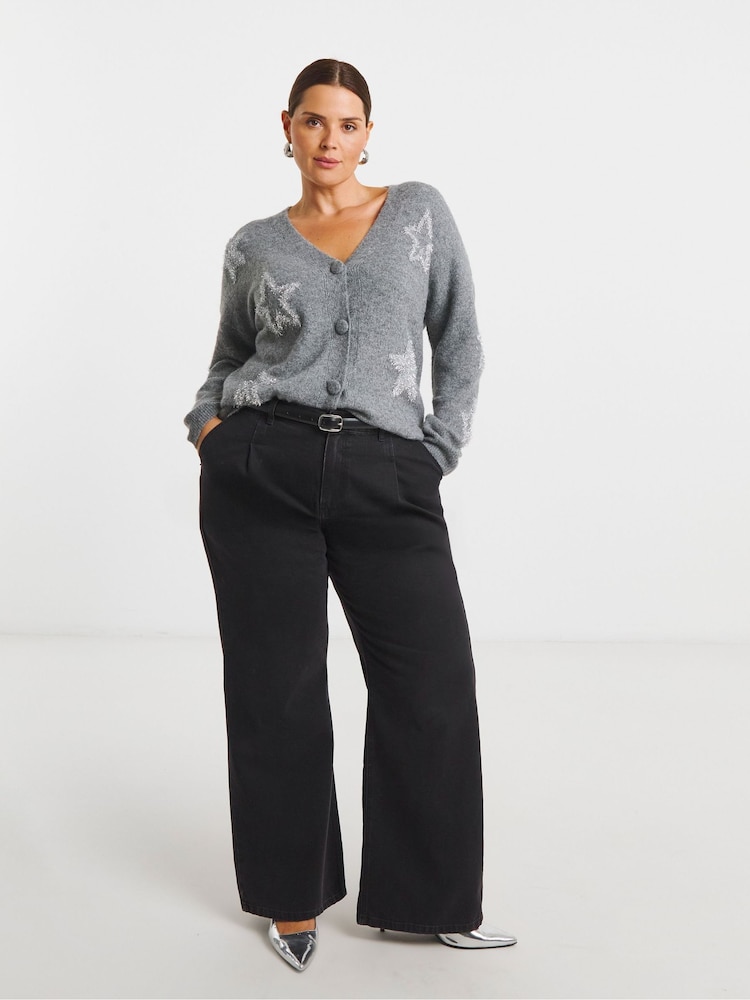 Simply Be Grey Star Print Tinsel Cardigan - Image 1 of 4 Simply Be Grey Star Print Tinsel Cardigan - Image 1 of 4