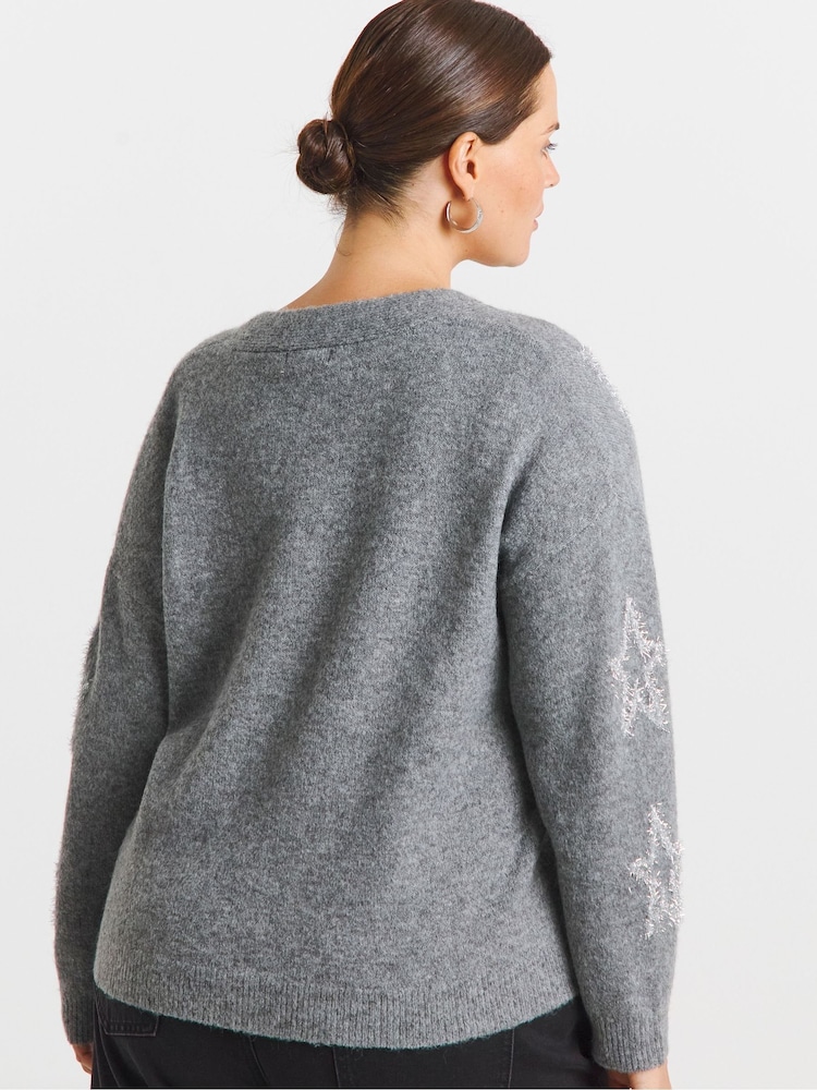 Simply Be Grey Star Print Tinsel Cardigan - Image 2 of 4 Simply Be Grey Star Print Tinsel Cardigan - Image 2 of 4