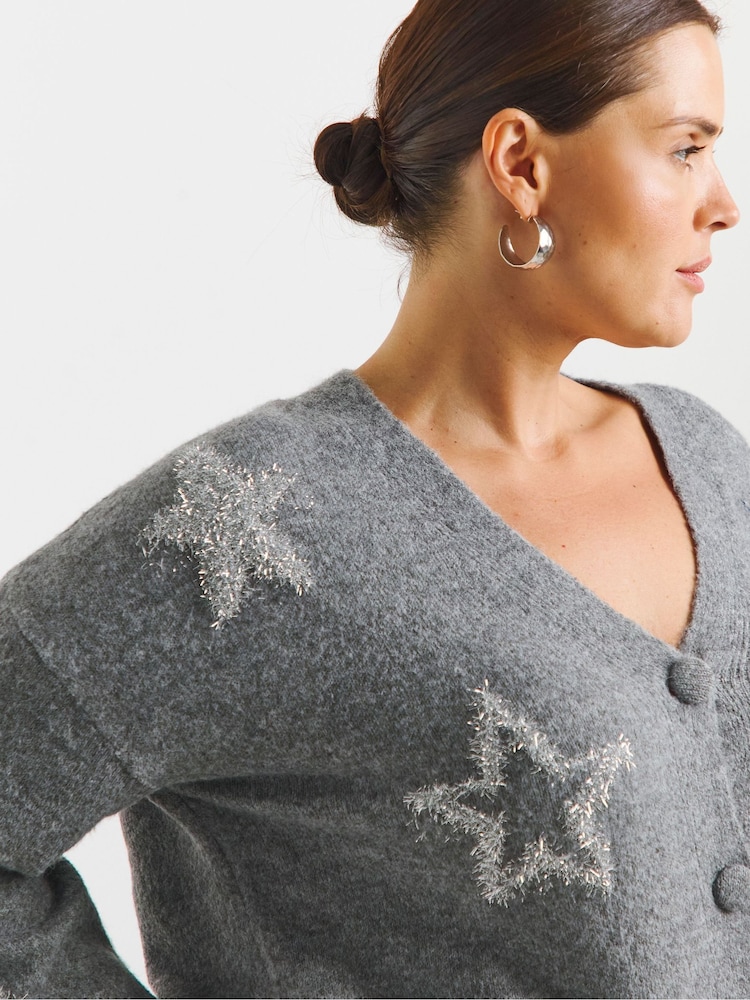 Simply Be Grey Star Print Tinsel Cardigan - Image 4 of 4 Simply Be Grey Star Print Tinsel Cardigan - Image 4 of 4