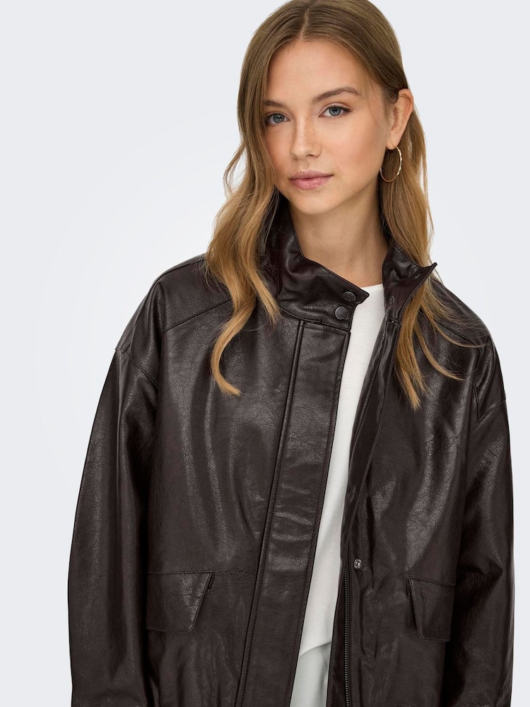 ONLY Brown Funnel Neck PU Bomber Jacket - Image 1 of 6 ONLY Brown Funnel Neck PU Bomber Jacket - Image 1 of 6