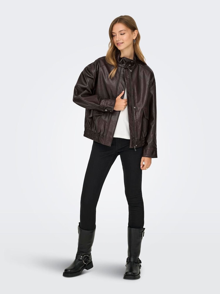 ONLY Brown Funnel Neck PU Bomber Jacket - Image 2 of 6 ONLY Brown Funnel Neck PU Bomber Jacket - Image 2 of 6