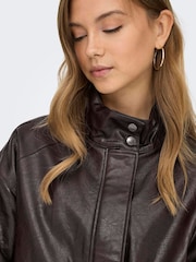 ONLY Brown Funnel Neck PU Bomber Jacket - Image 4 of 6