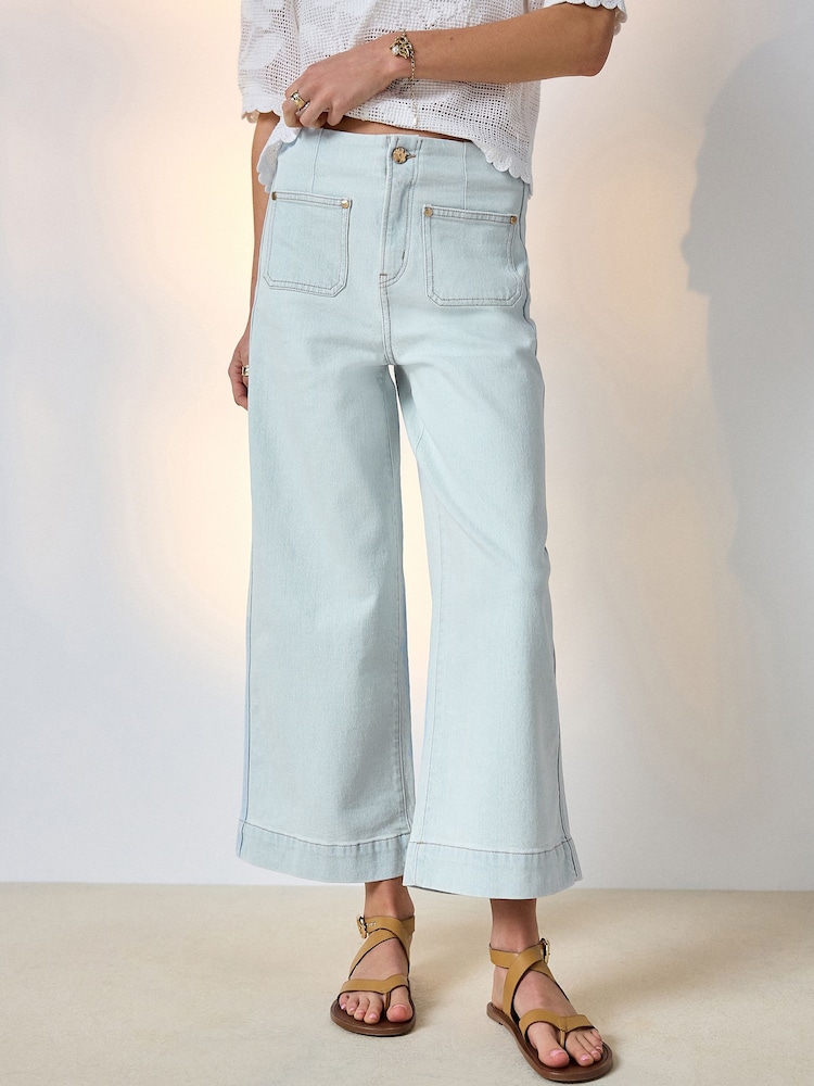 Bleach Blue Patch Pocket Cropped Wide Leg Jeans - Image 2 of 9 Bleach Blue Patch Pocket Cropped Wide Leg Jeans - Image 2 of 9