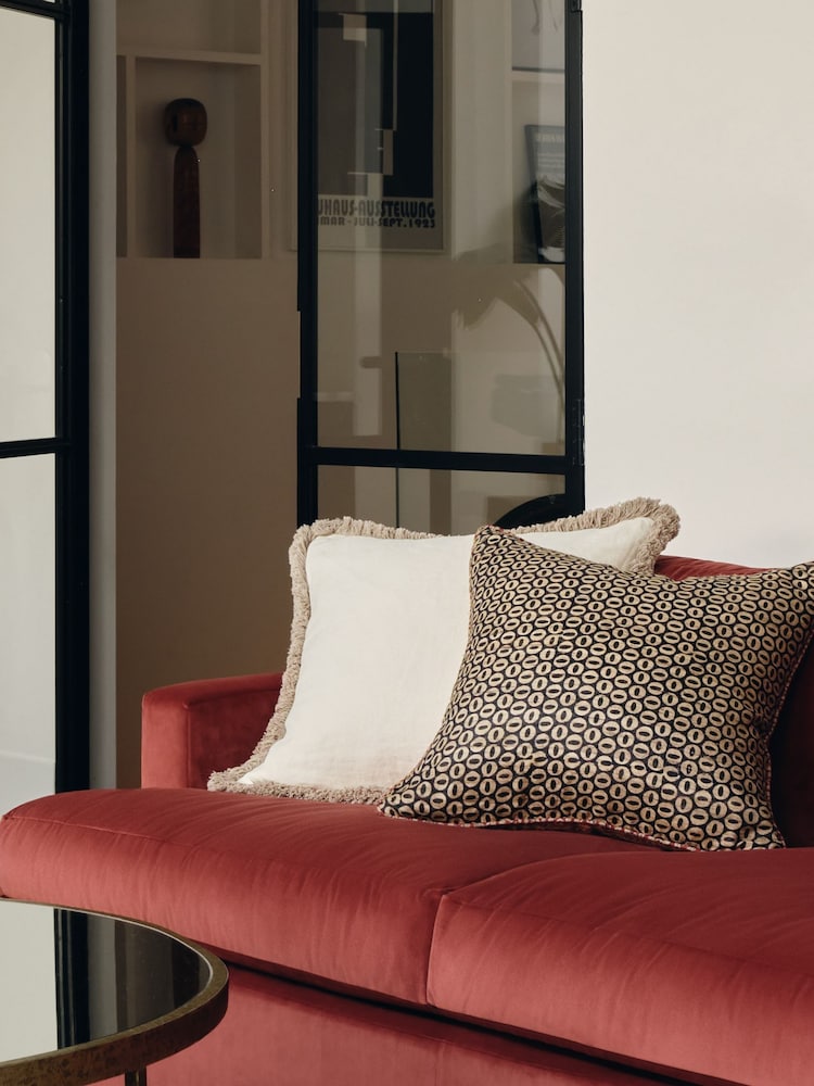 Oka Off White Stonewashed Linen Cushion Cover with Fringing - Image 1 of 2