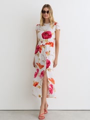 Reiss Ivory/Pink Lyra Floral-Print Belted Midi Dress - Image 1 of 5
