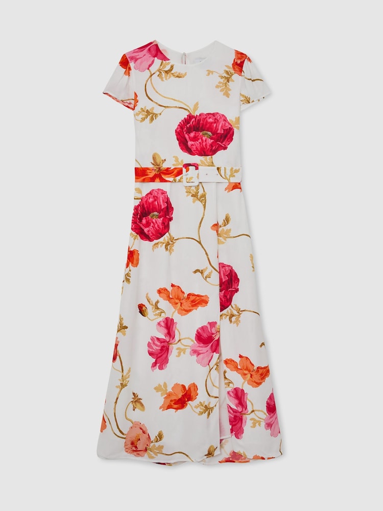 Reiss Ivory/Pink Lyra Floral-Print Belted Midi Dress - Image 2 of 5