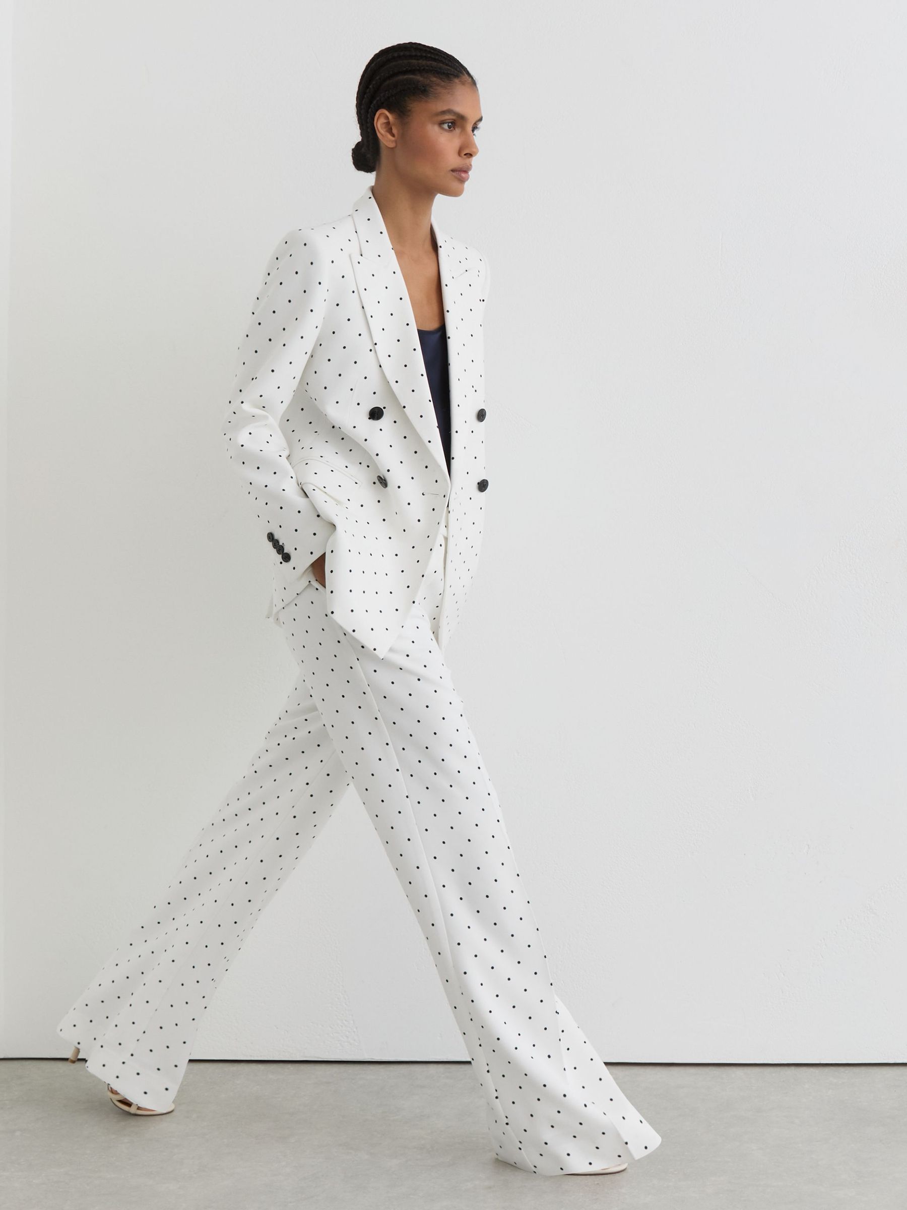Buy Reiss White/Navy Beatrix Polka-Dot Wide-Leg Suit Trousers from