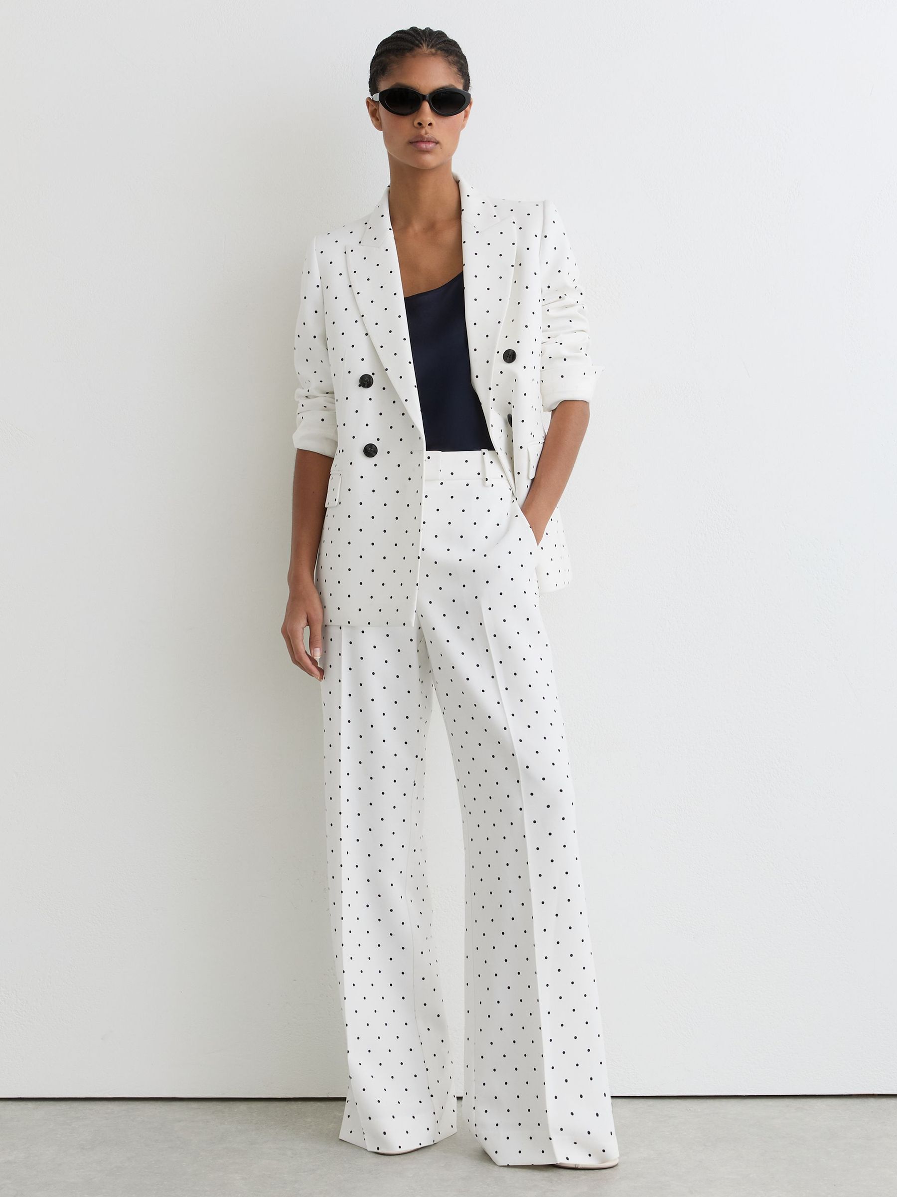 Buy Reiss White/Navy Beatrix Polka-Dot Wide-Leg Suit Trousers from