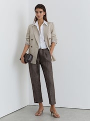 Reiss Brown Lourdes Woven Linen Cropped Tapered Trousers - Image 1 of 7