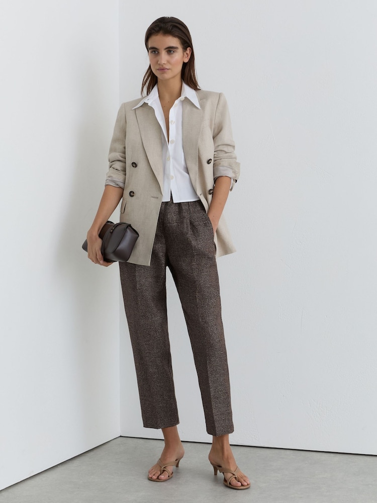 Reiss Brown Lourdes Woven Linen Cropped Tapered Trousers - Image 1 of 7